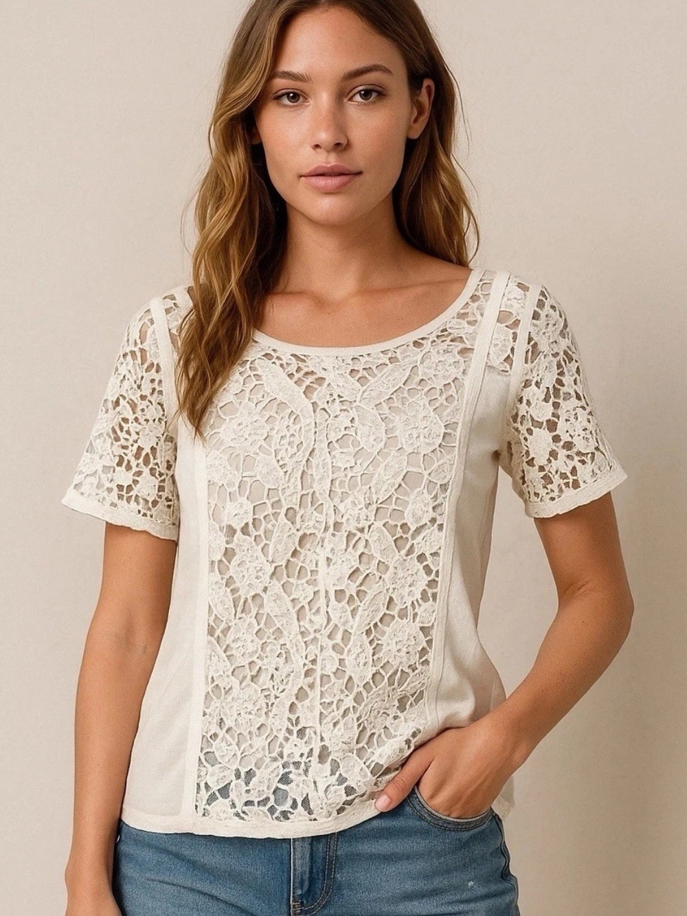 American Eagle Sheer Crochet Lace Blouse Women's Med Boho Coastal Beach Ethereal